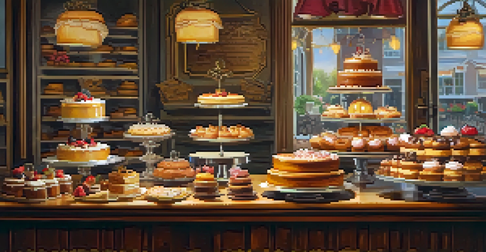 A bakery display filled with colorful cakes and pastries, illuminated by warm light, set against a rustic wooden countertop and vintage floral backdrop.