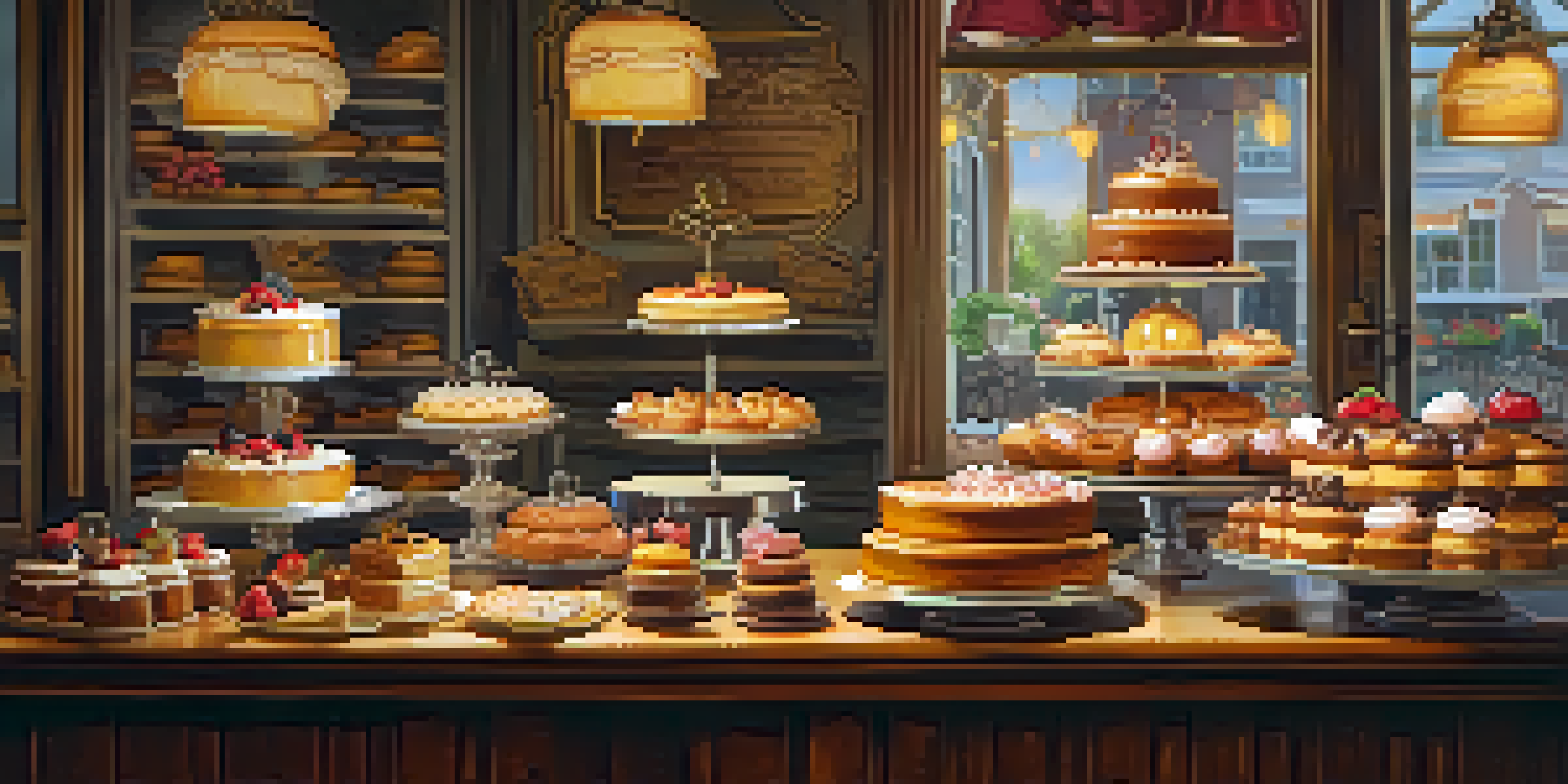 A bakery display filled with colorful cakes and pastries, illuminated by warm light, set against a rustic wooden countertop and vintage floral backdrop.