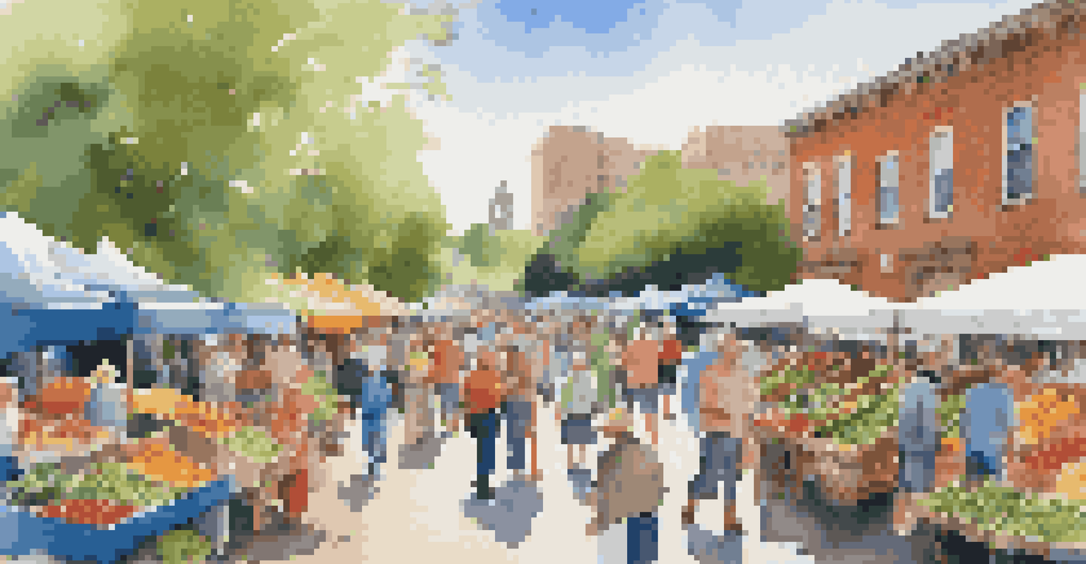 A lively outdoor farmer's market with colorful stalls and people interacting in a community setting.
