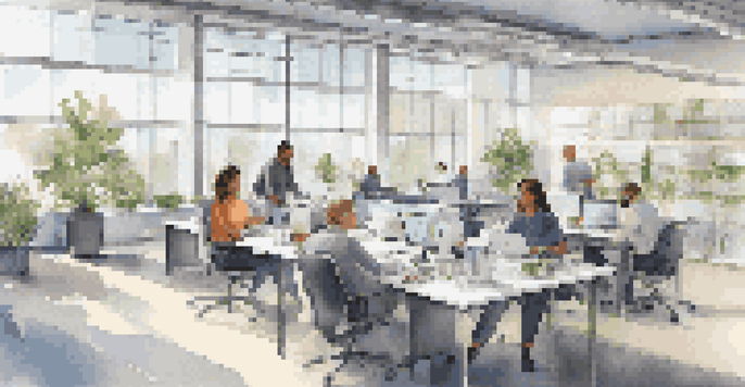 A diverse group of employees working together in a bright modern office, collaborating around a large glass table with laptops.