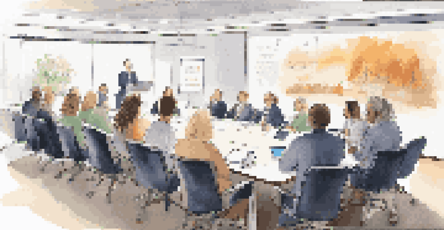 A leadership team conducting a town hall meeting with engaged employees in attendance.