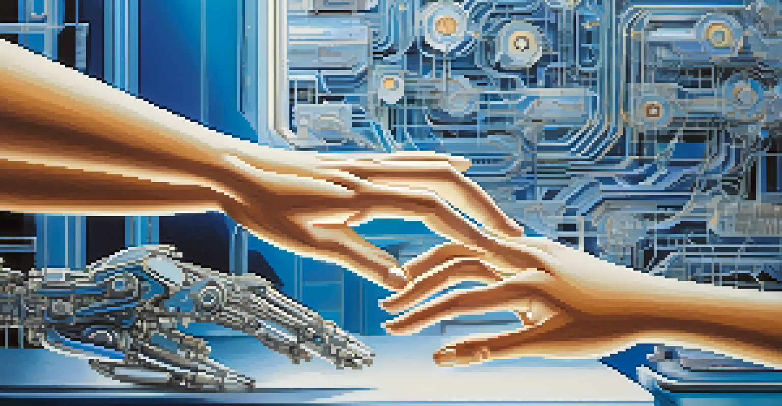 An abstract image showing robotic hands and human hands collaborating, set against a gradient background with circuits and gears.