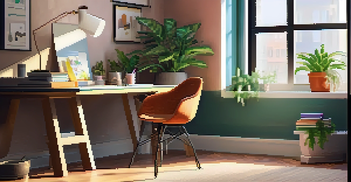A home office scene featuring a modern desk with a laptop, stationery, and a plant, illuminated by sunlight from a window.