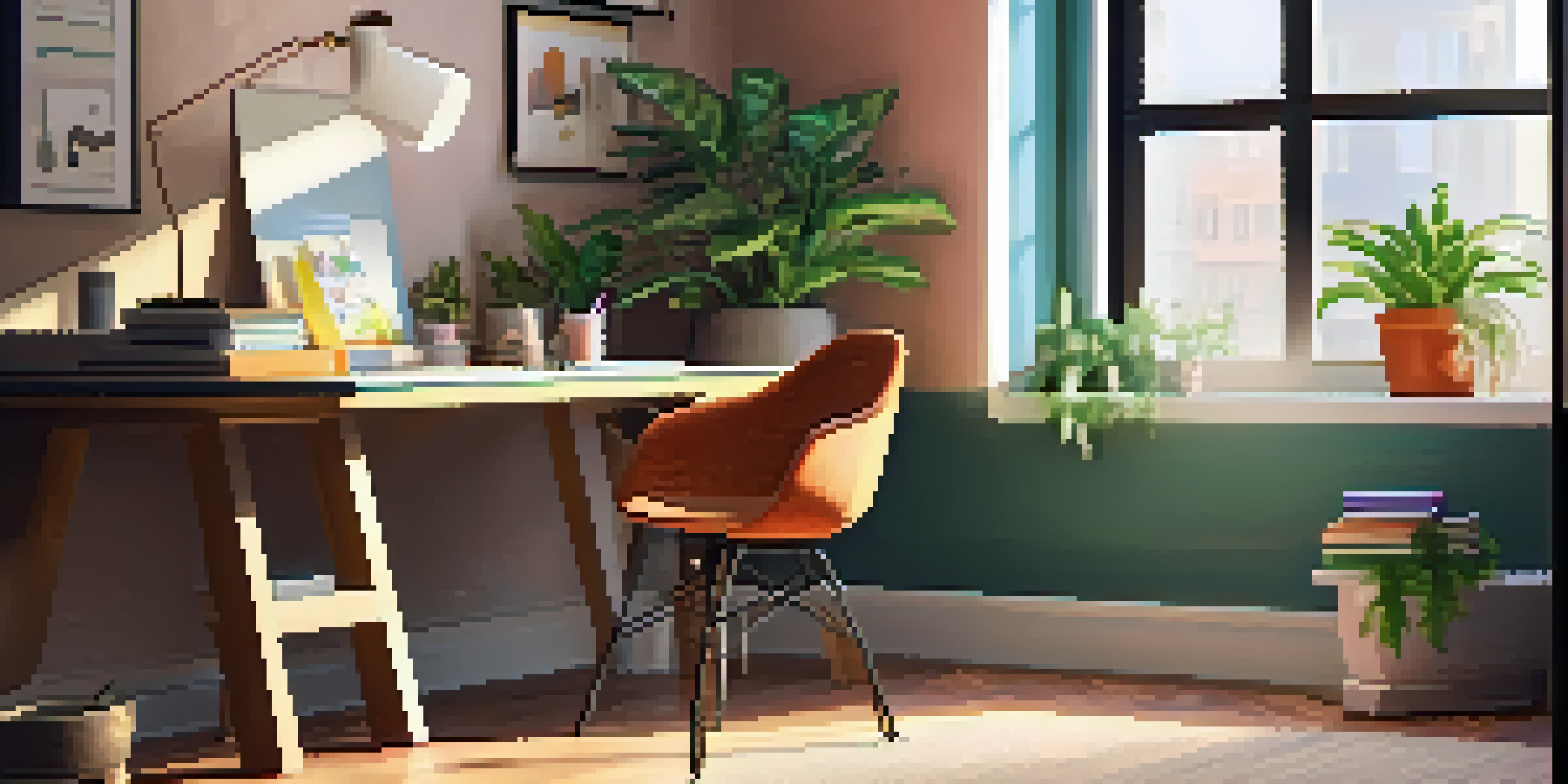 A home office scene featuring a modern desk with a laptop, stationery, and a plant, illuminated by sunlight from a window.