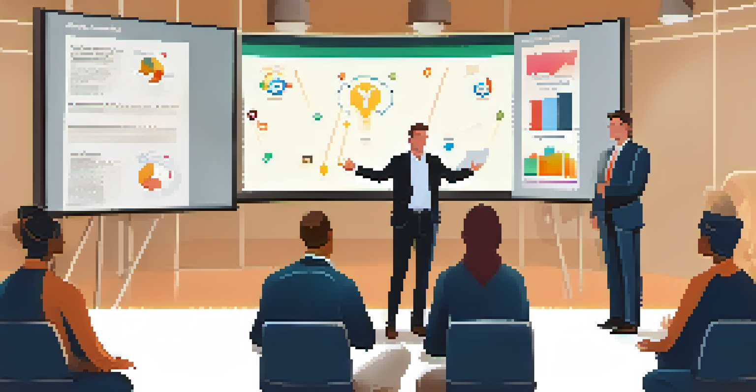 A leader addressing a group of engaged employees about change management initiatives, with a large screen displaying metrics in the background.