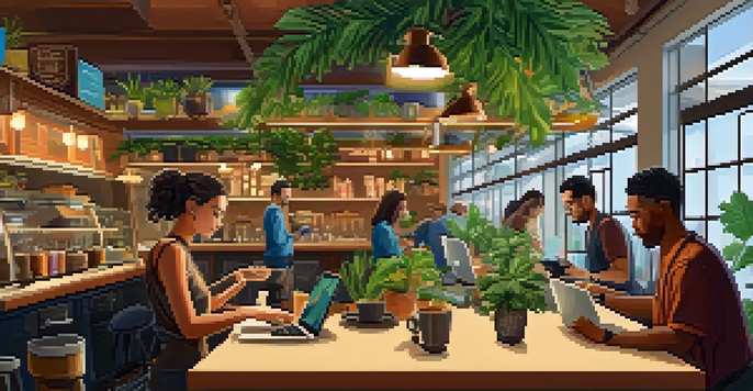 A lively coffee shop filled with people using laptops, plants around, and a barista making coffee.