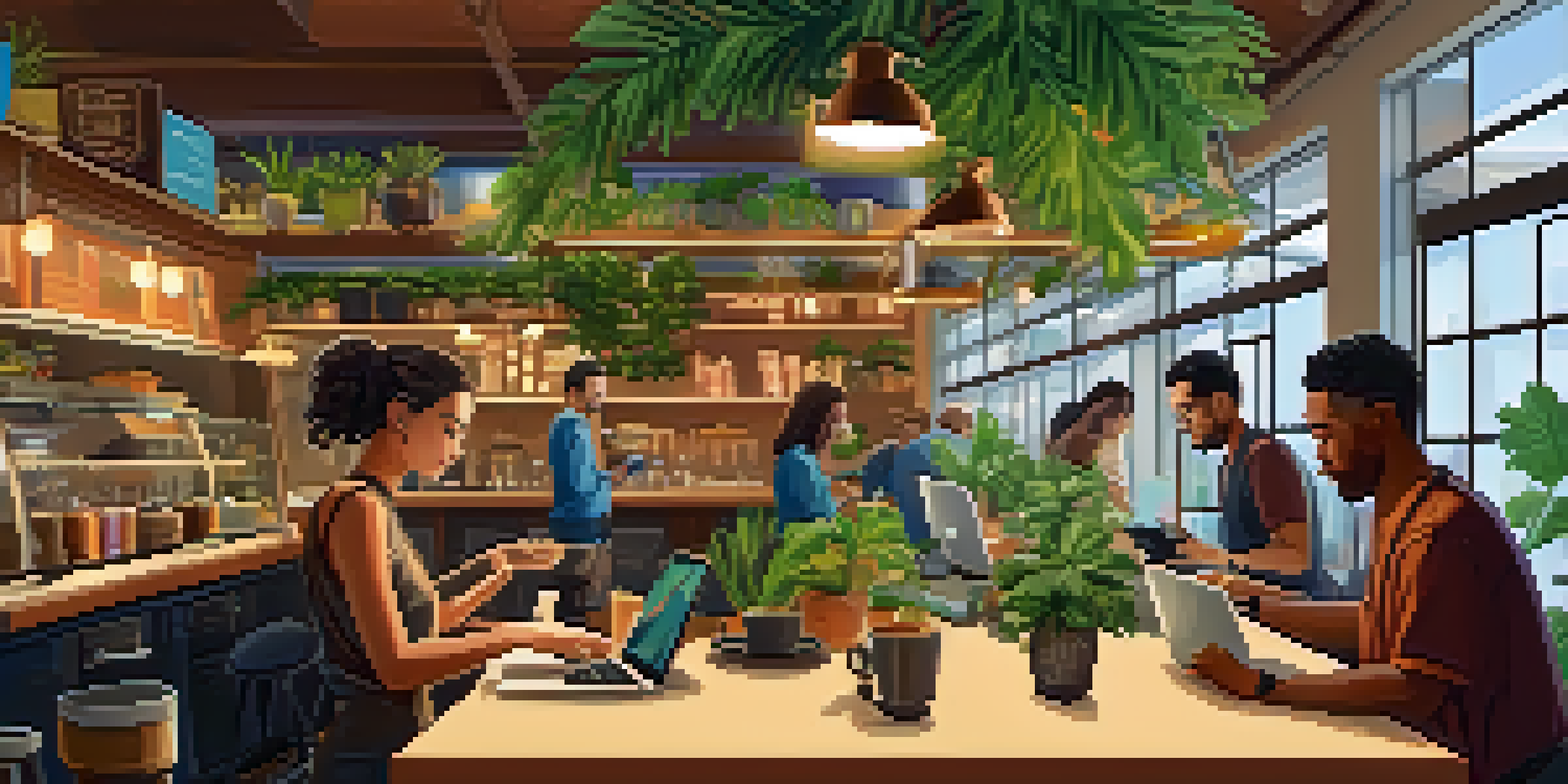 A lively coffee shop filled with people using laptops, plants around, and a barista making coffee.