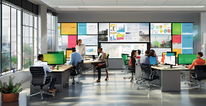 A diverse team of professionals in a bright office brainstorming together, with digital screens and colorful decor.