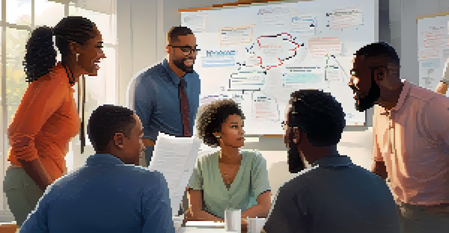 A diverse group of mentors and mentees in a discussion, with a whiteboard filled with notes in the background.