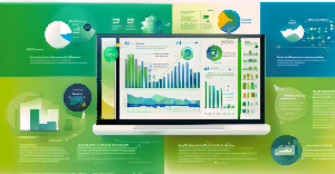 An infographic displaying the components of Business Intelligence with colorful icons and charts on a blue and green gradient background.