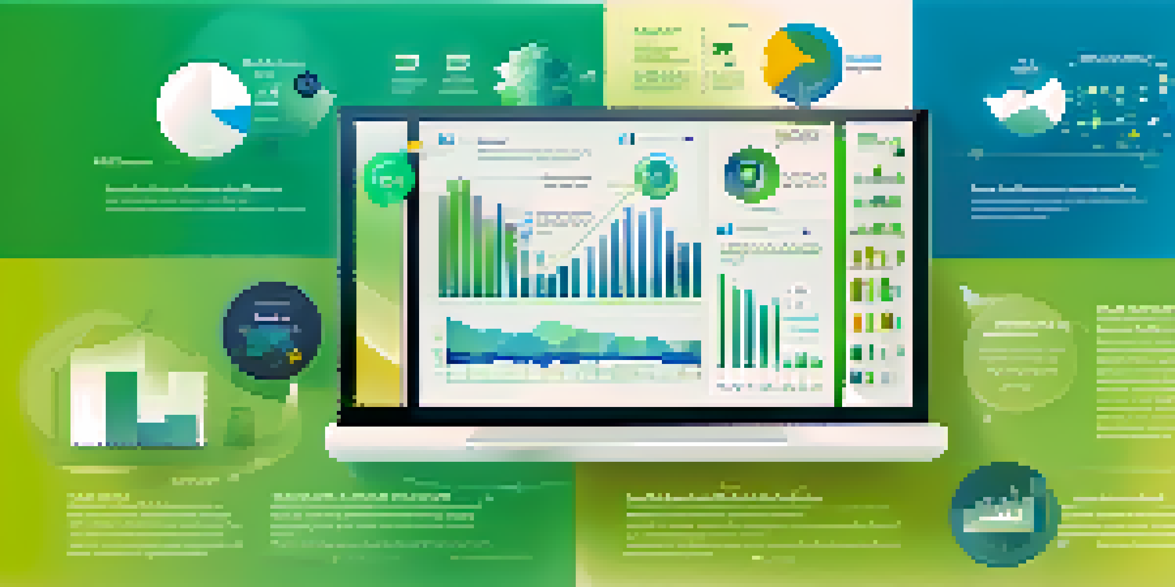 An infographic displaying the components of Business Intelligence with colorful icons and charts on a blue and green gradient background.