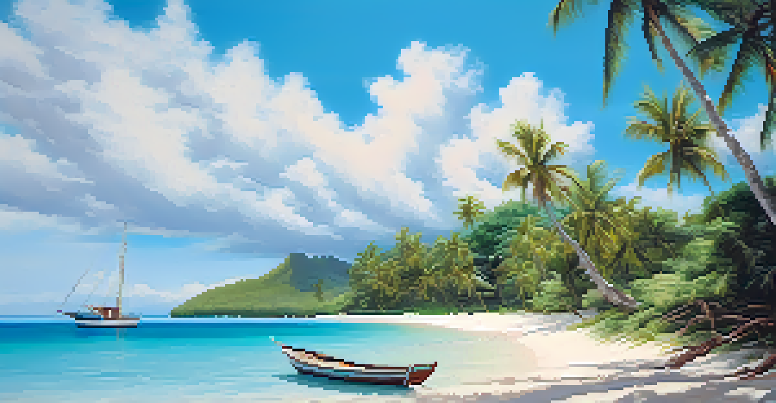 A tranquil beach in the Philippines with clear waters, white sand, and swaying palm trees.