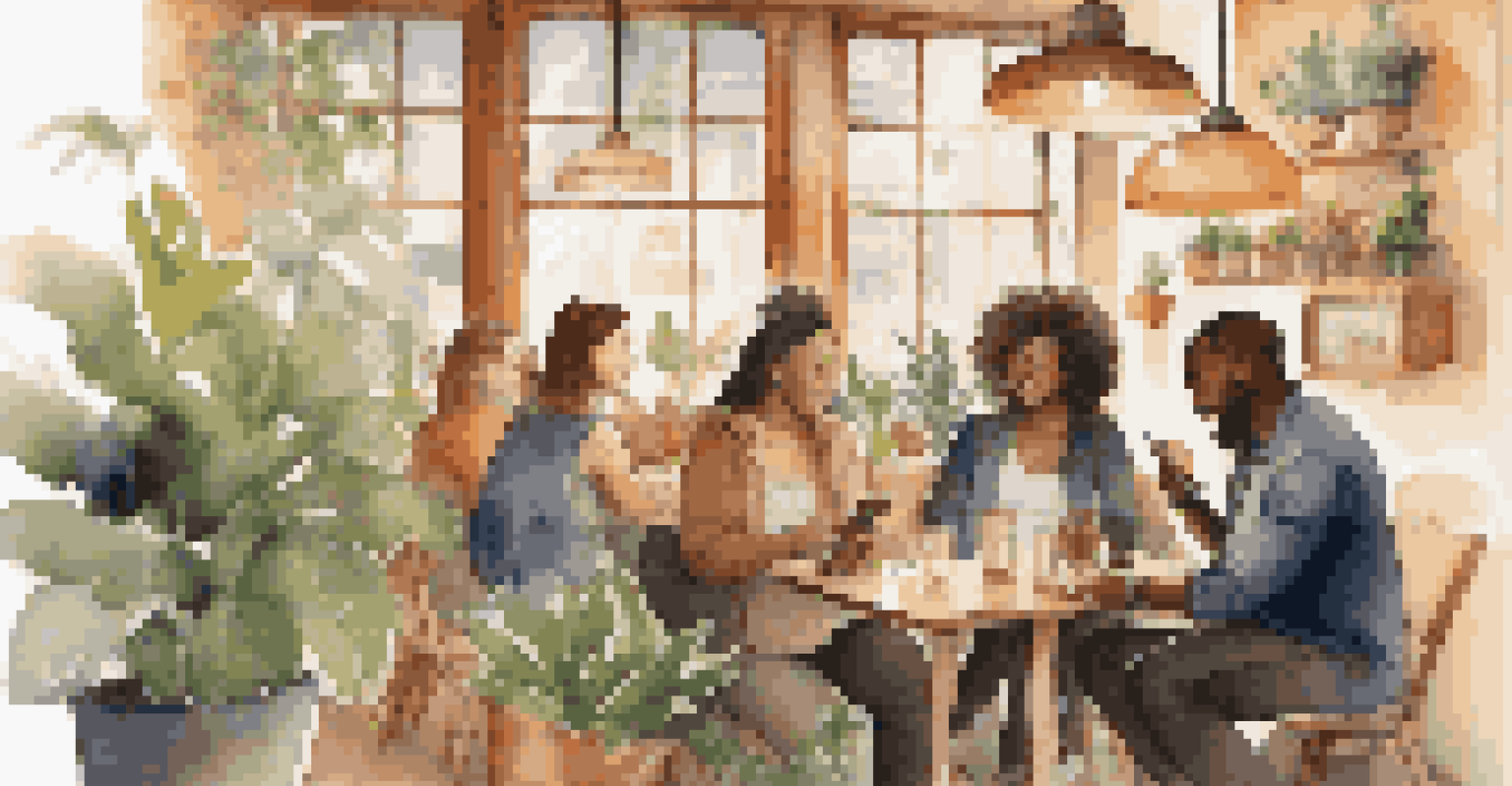 A diverse group of people in a café discussing brands and using smartphones.