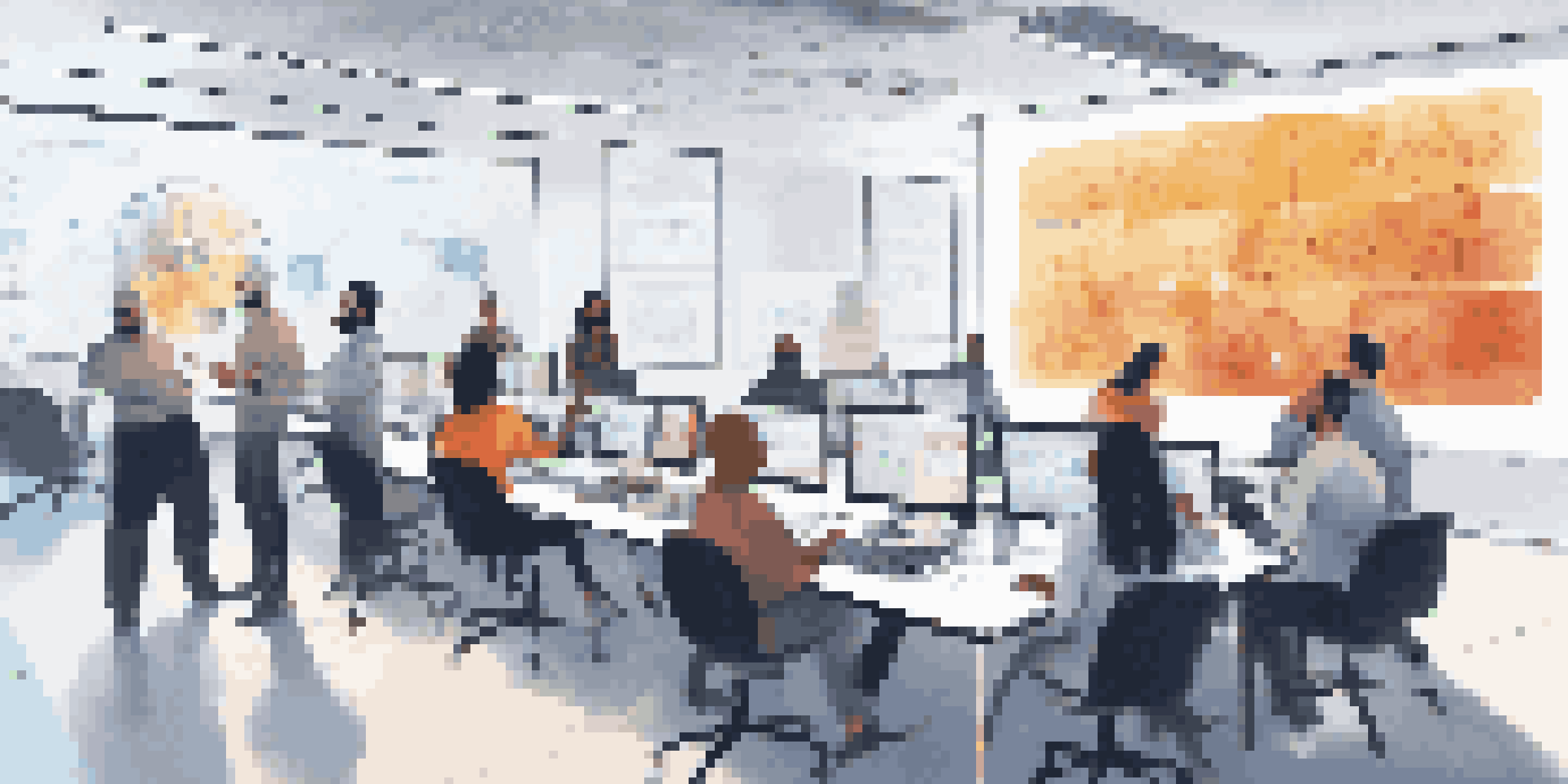 A group of diverse employees participating in a data security training session with a large screen displaying cybersecurity concepts.