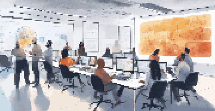 A group of diverse employees participating in a data security training session with a large screen displaying cybersecurity concepts.