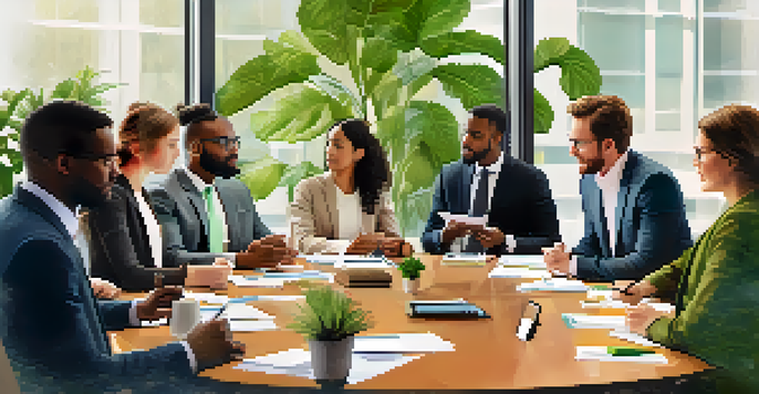 A diverse group of professionals collaborating in a meeting, sharing ideas around a conference table in a bright and modern room.