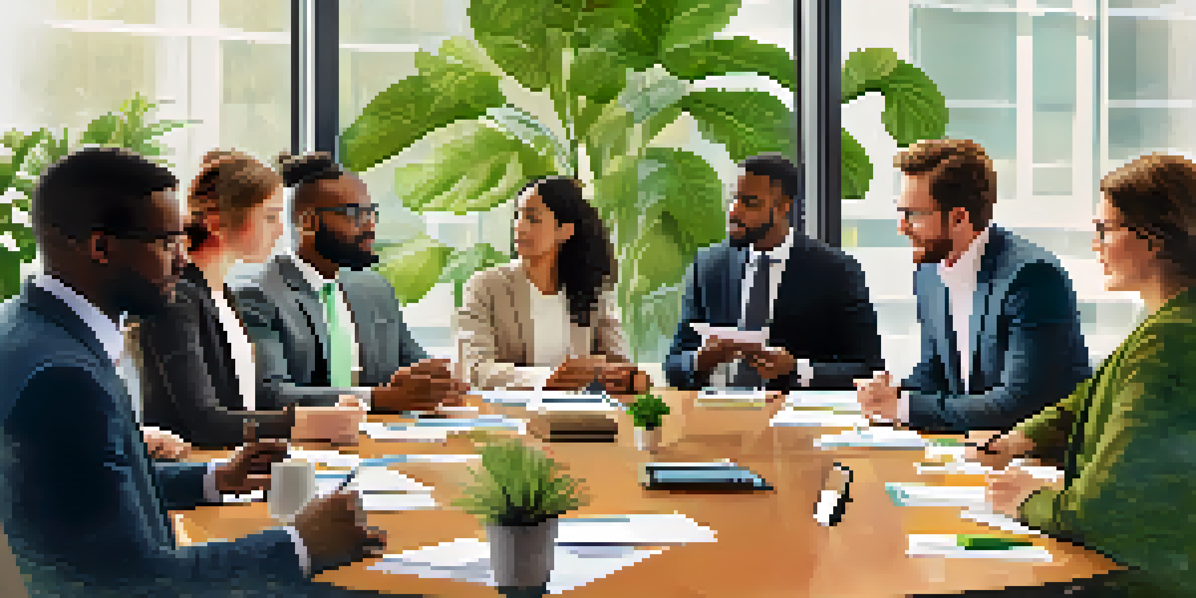 A diverse group of professionals collaborating in a meeting, sharing ideas around a conference table in a bright and modern room.