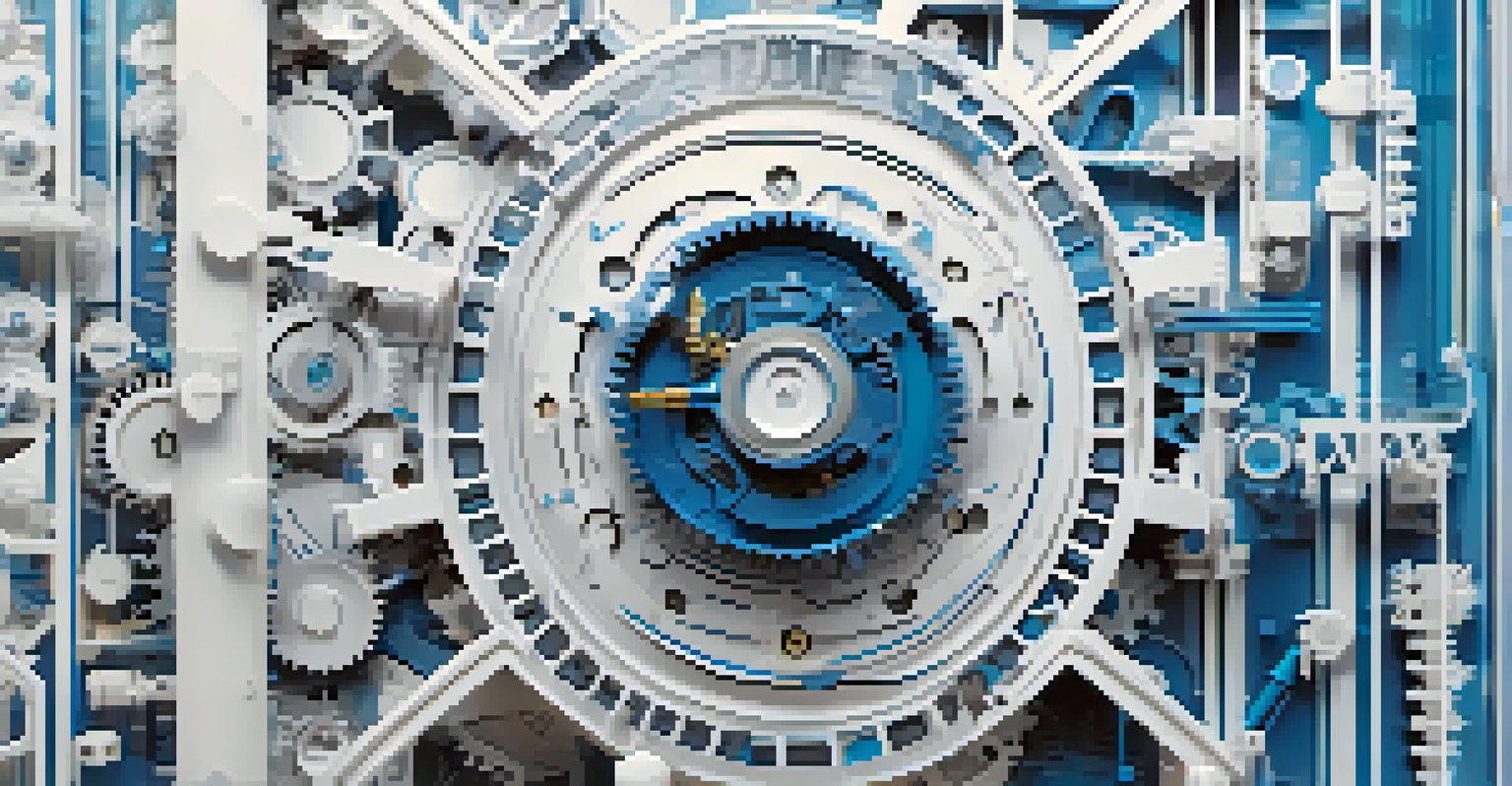 An abstract illustration of digital transformation with interconnected gears and digital icons against a futuristic background.