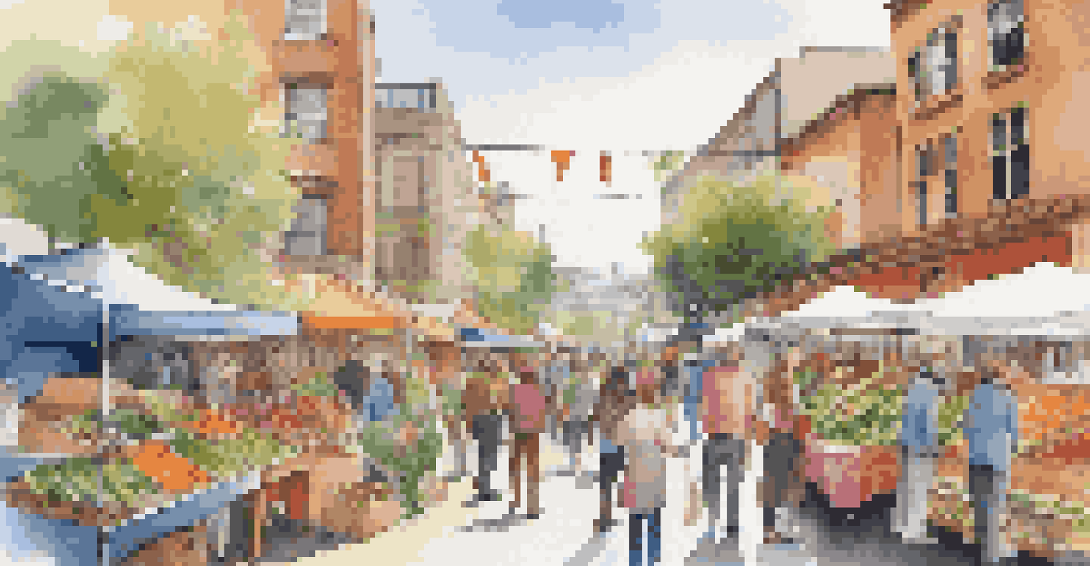 A lively community market with stalls of sustainable products and people engaging in conversation.
