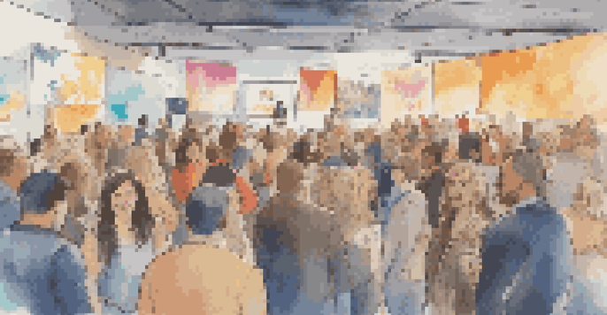 A vibrant crowdfunding event with diverse creators and backers engaging over various projects, illuminated by warm lighting.