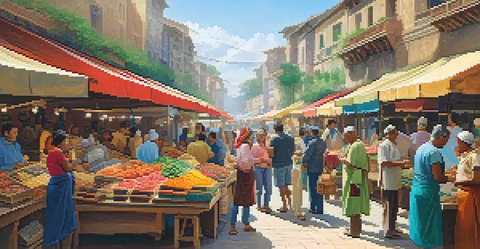 A lively marketplace with diverse consumers interacting with vendors, colorful stalls, and warm sunlight.