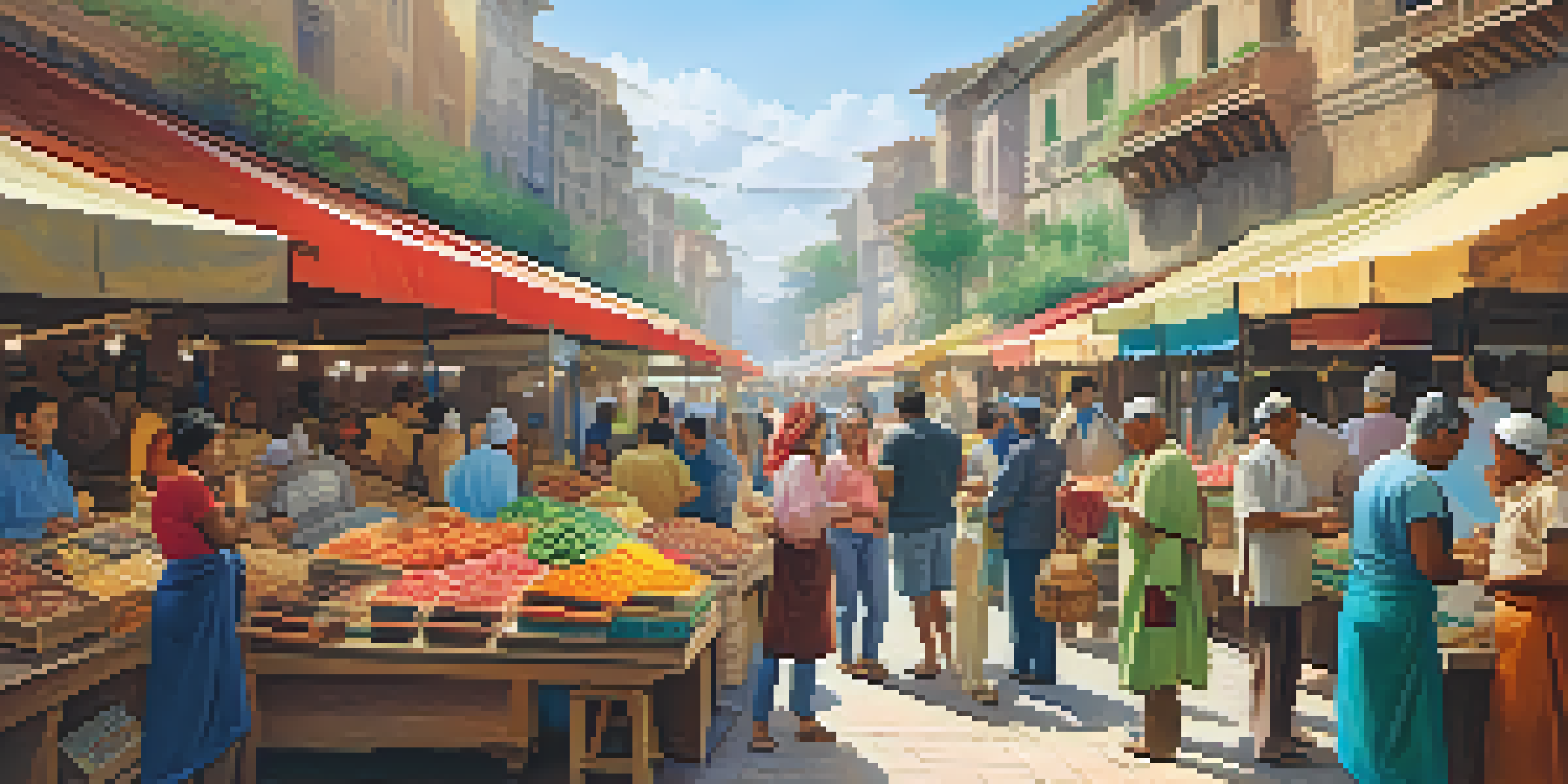 A lively marketplace with diverse consumers interacting with vendors, colorful stalls, and warm sunlight.