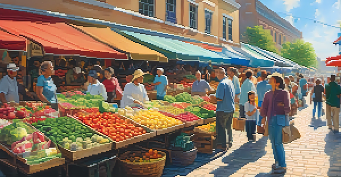 A lively outdoor market filled with colorful stalls and diverse shoppers, under a bright blue sky with white clouds.