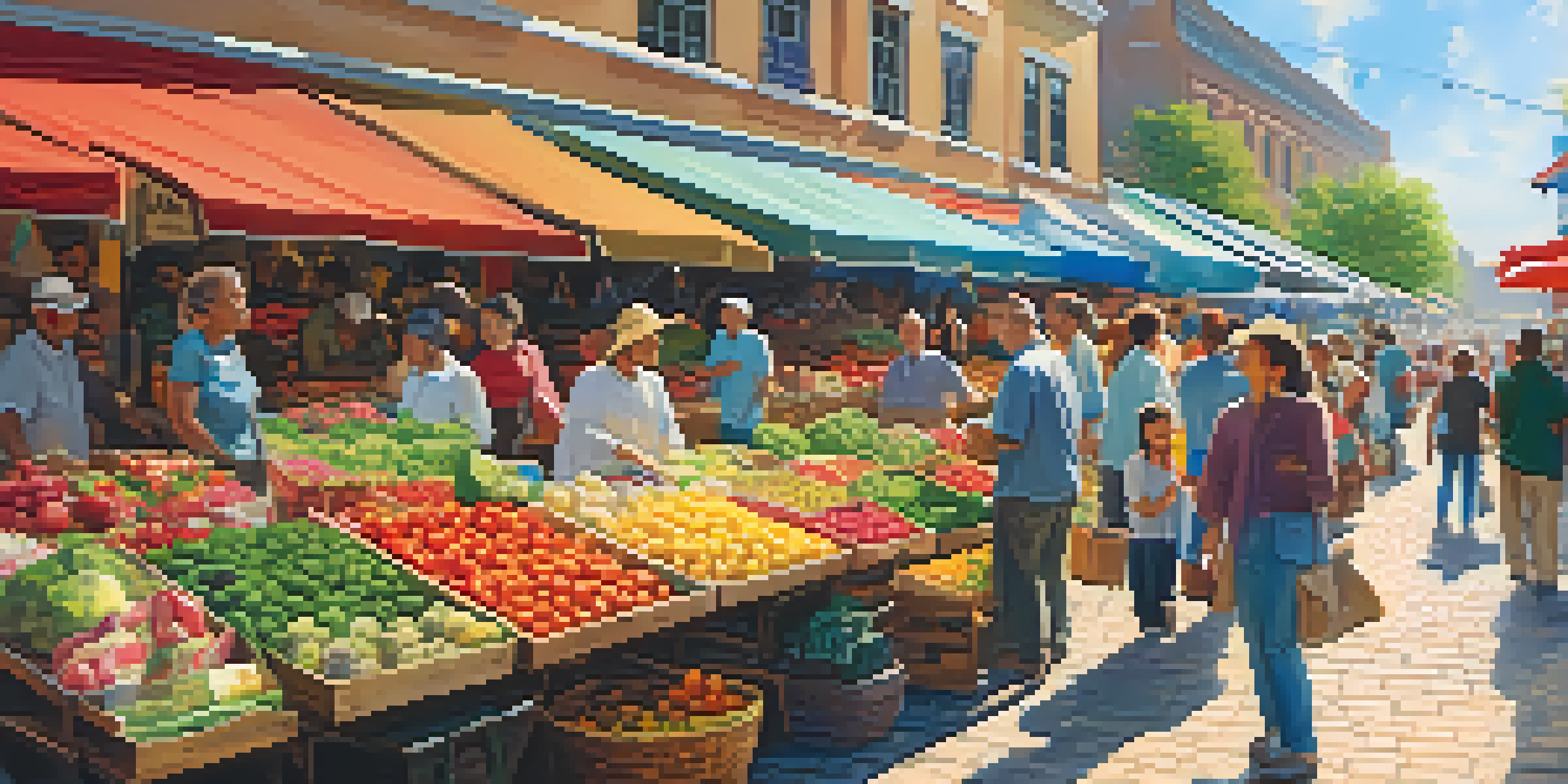 A lively outdoor market filled with colorful stalls and diverse shoppers, under a bright blue sky with white clouds.