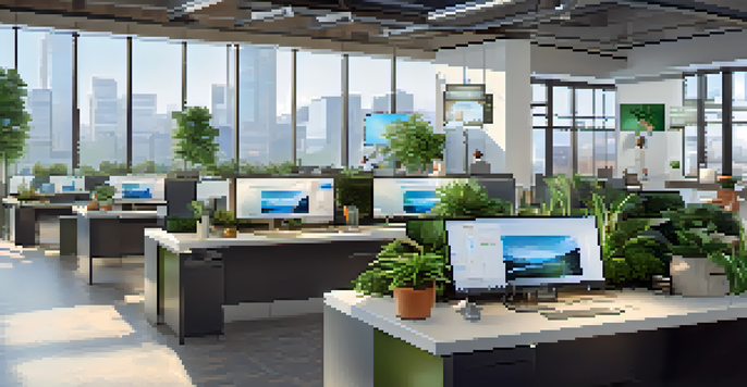 A modern customer service center with a diverse team working alongside advanced AI technology, featuring sleek desks and large windows.