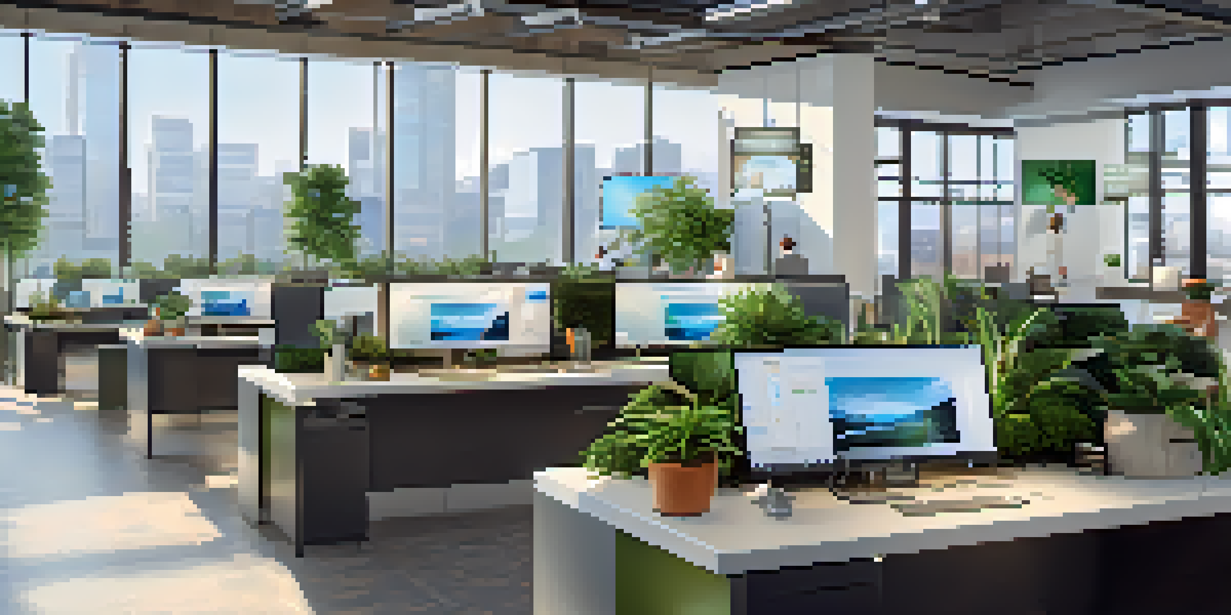 A modern customer service center with a diverse team working alongside advanced AI technology, featuring sleek desks and large windows.