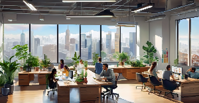 A modern startup incubator office with diverse entrepreneurs collaborating at a long table, large windows, and plants around the room.