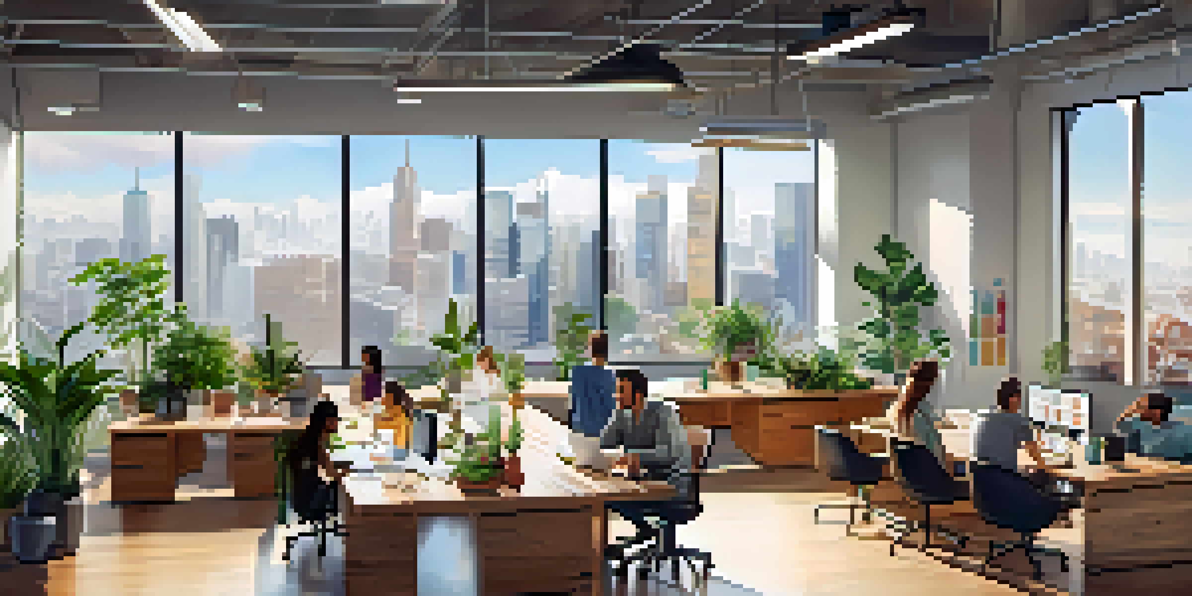 A modern startup incubator office with diverse entrepreneurs collaborating at a long table, large windows, and plants around the room.