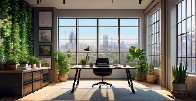 A bright and inviting office space with a view of a city outside, featuring plants and a desk.