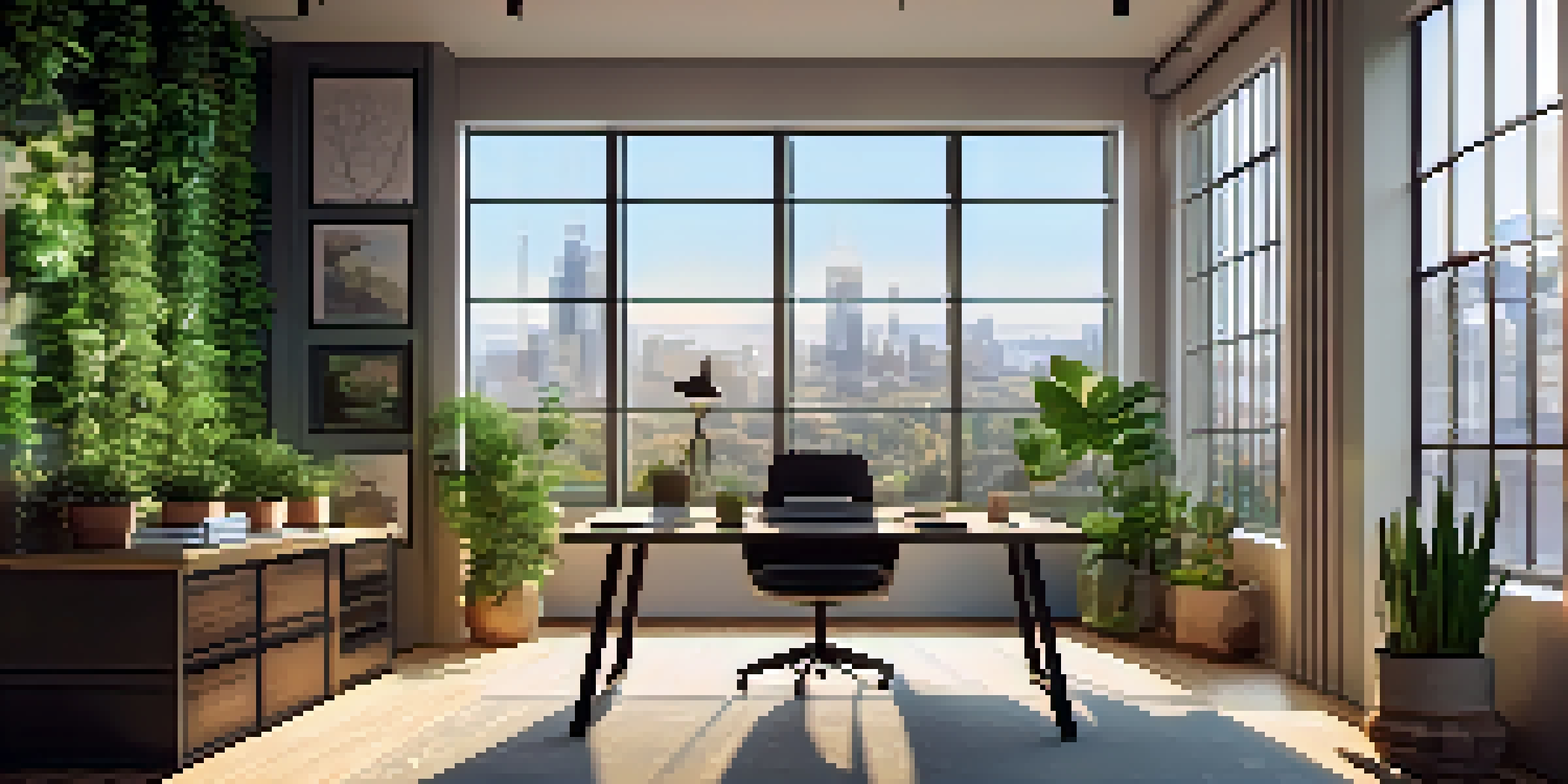 A bright and inviting office space with a view of a city outside, featuring plants and a desk.
