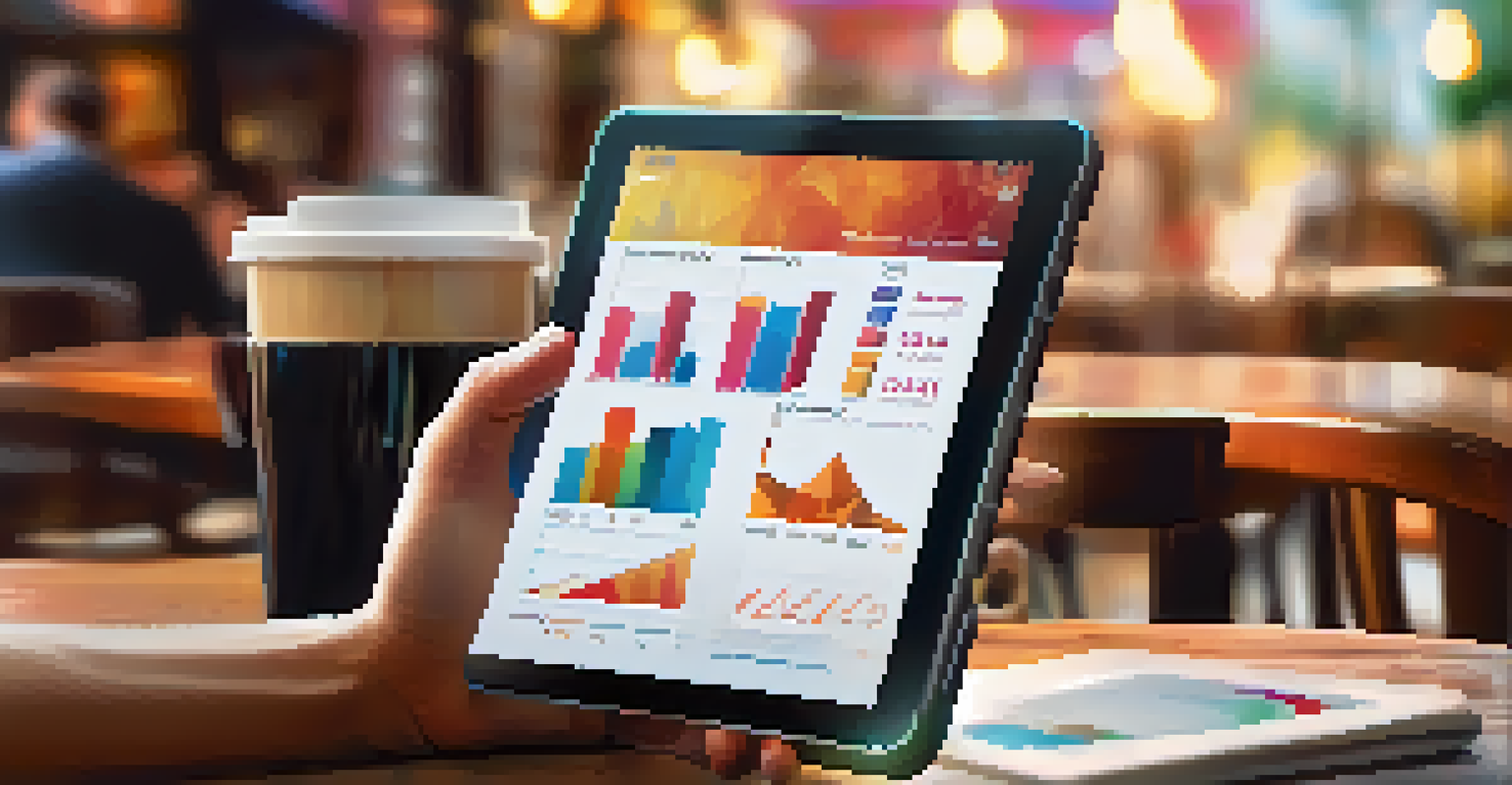 A hand holding a tablet with financial graphs next to a cup of coffee in a cozy café.