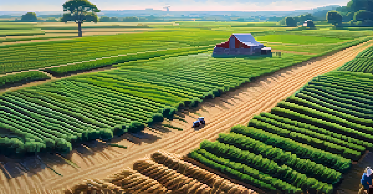 A farmer in an outdoor agricultural field, using a tablet, with healthy crops and a drone flying overhead against a clear sky.