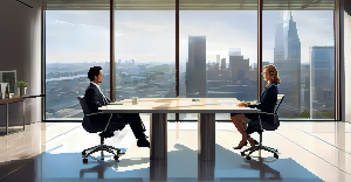 Two diverse business professionals negotiating in a modern conference room, with natural light and a cityscape backdrop.