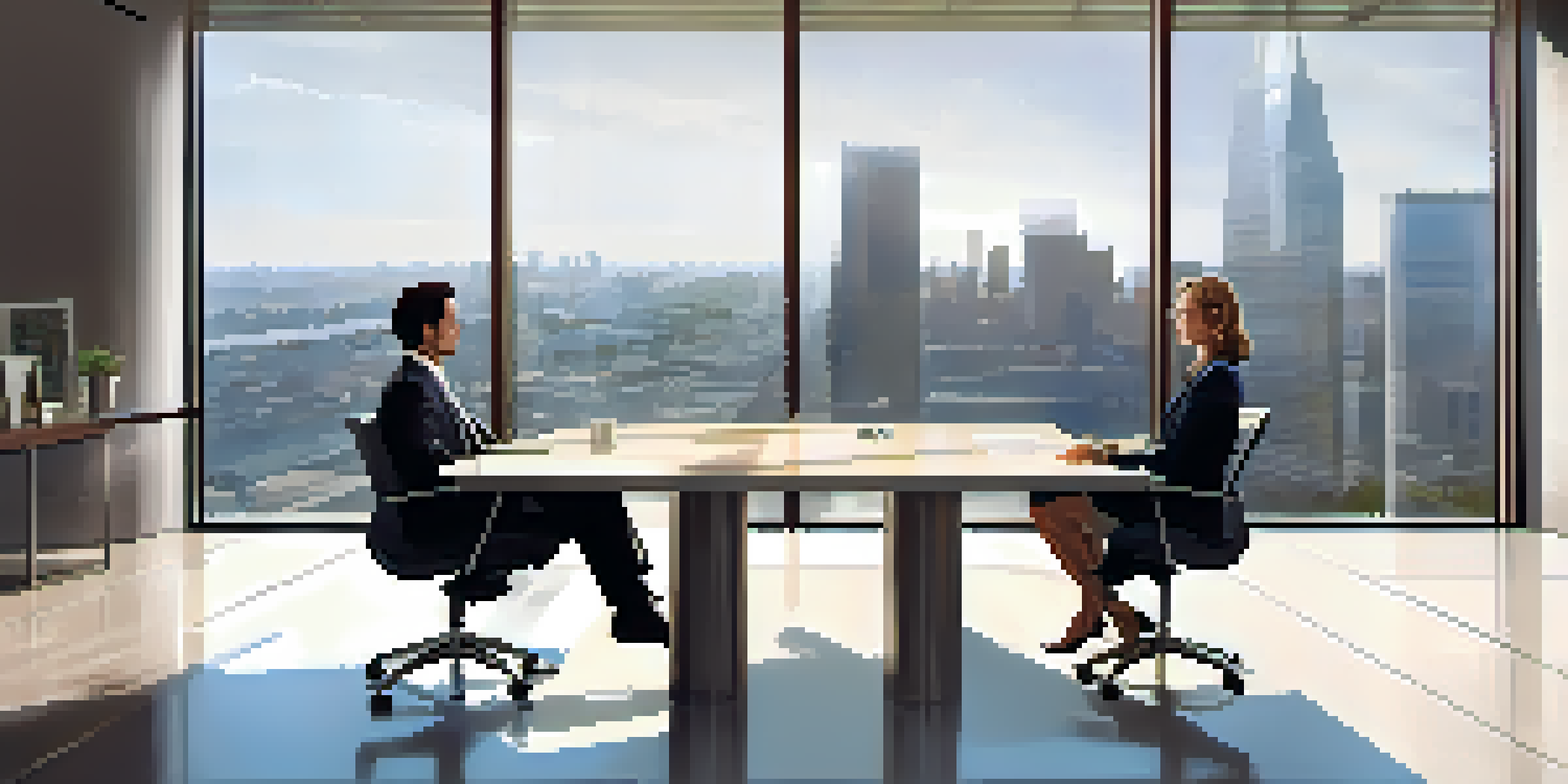 Two diverse business professionals negotiating in a modern conference room, with natural light and a cityscape backdrop.