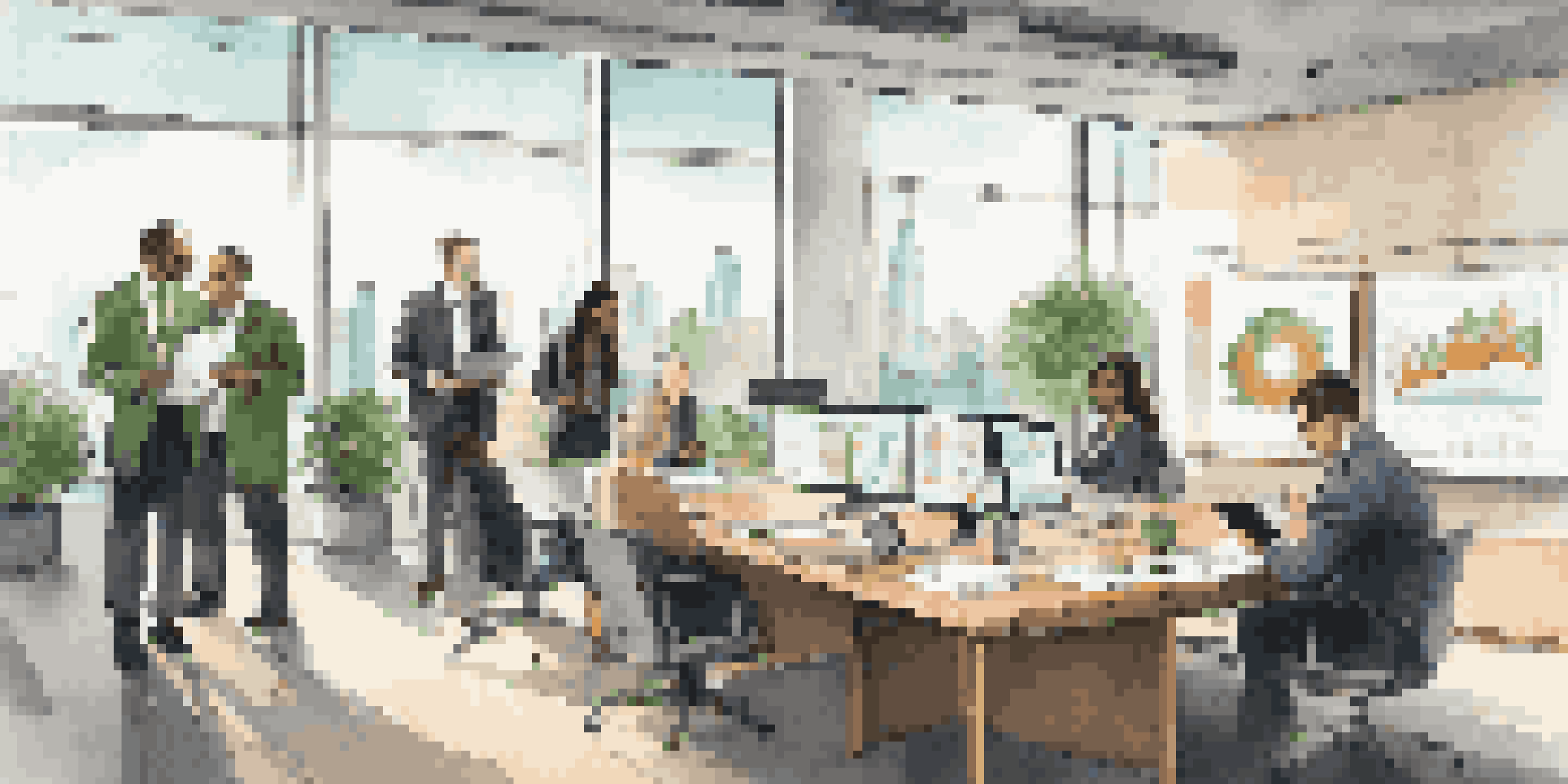 A diverse group of business professionals in a modern office discussing intellectual property, with documents and digital tablets on the table and a city skyline visible through the windows.