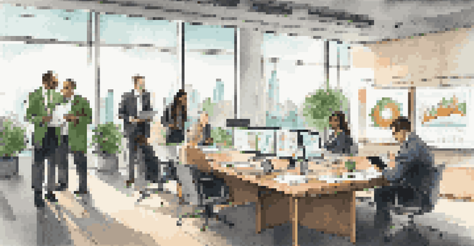 A diverse group of business professionals in a modern office discussing intellectual property, with documents and digital tablets on the table and a city skyline visible through the windows.