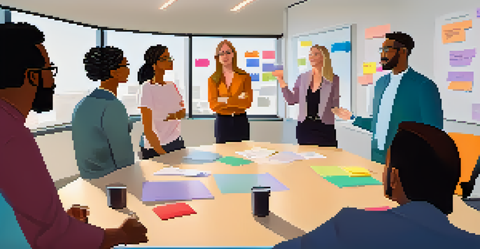 A diverse team of professionals participating in a daily stand-up meeting in a bright office, standing in a circle and sharing ideas.