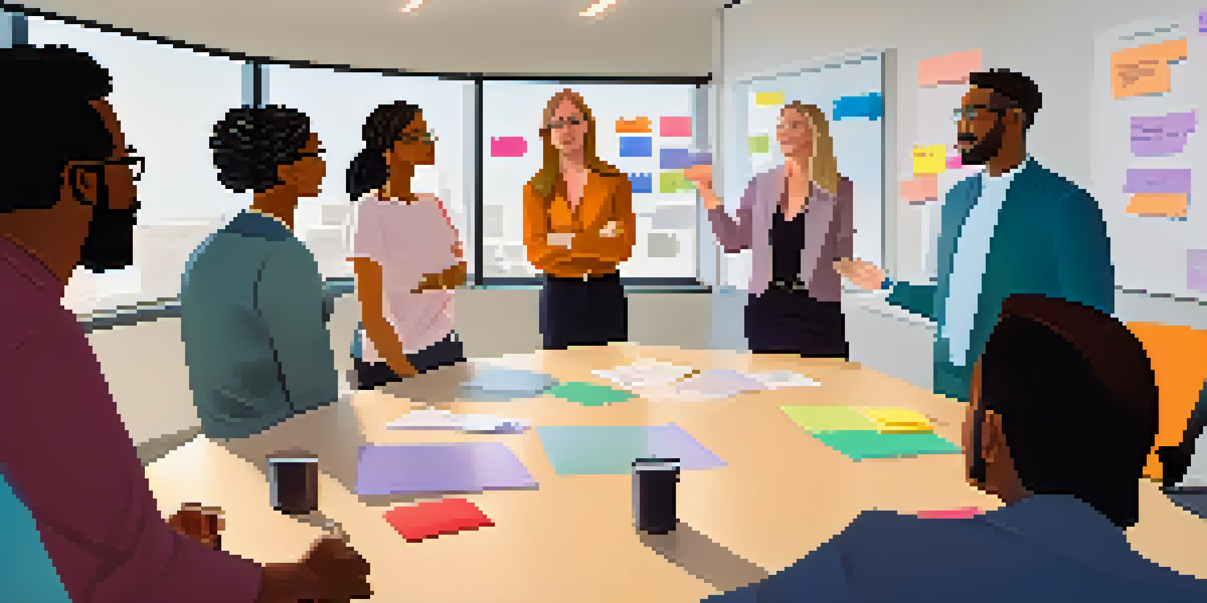 A diverse team of professionals participating in a daily stand-up meeting in a bright office, standing in a circle and sharing ideas.