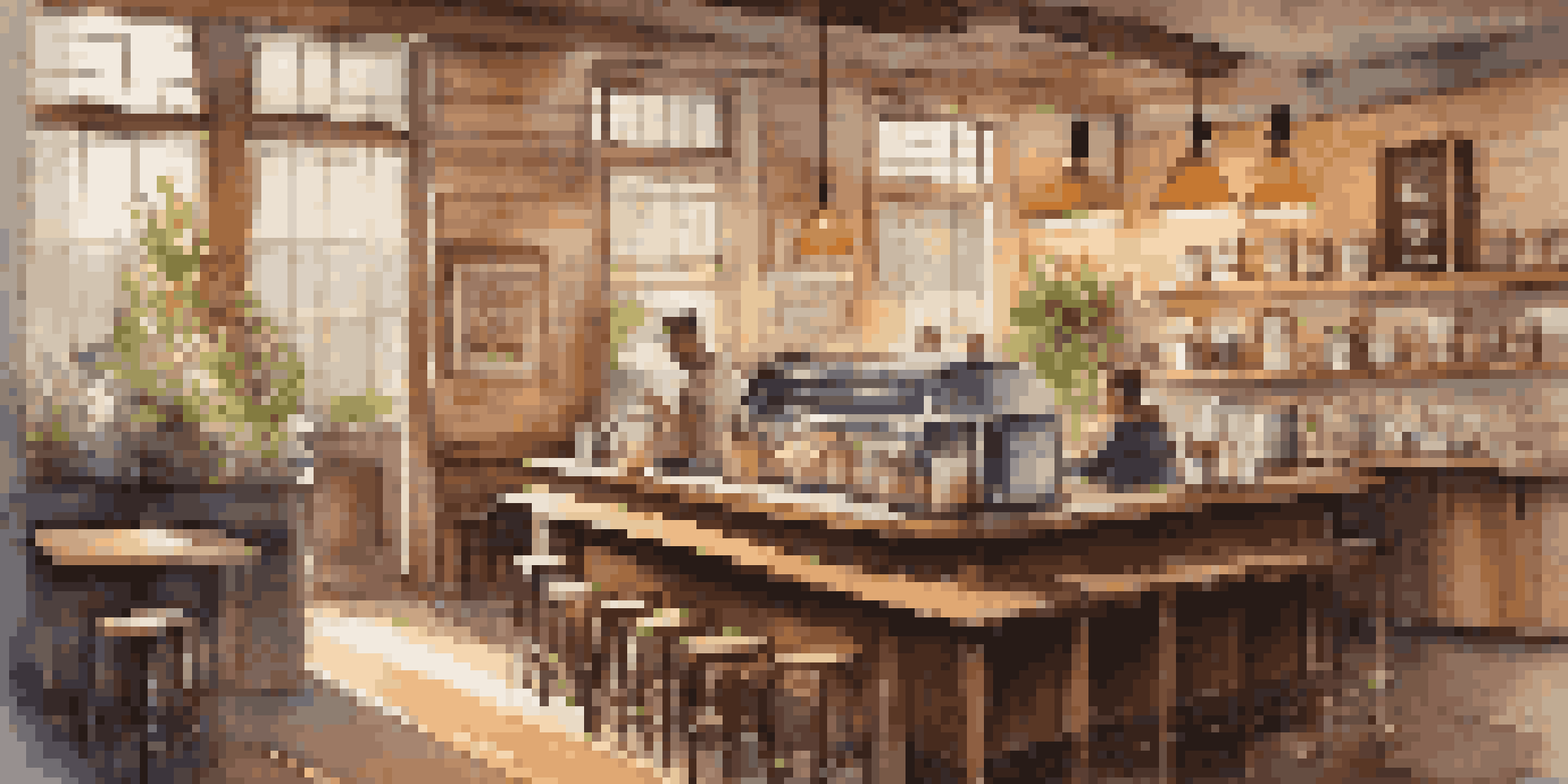 A warm and inviting coffee shop interior with a barista brewing coffee and rustic decor.