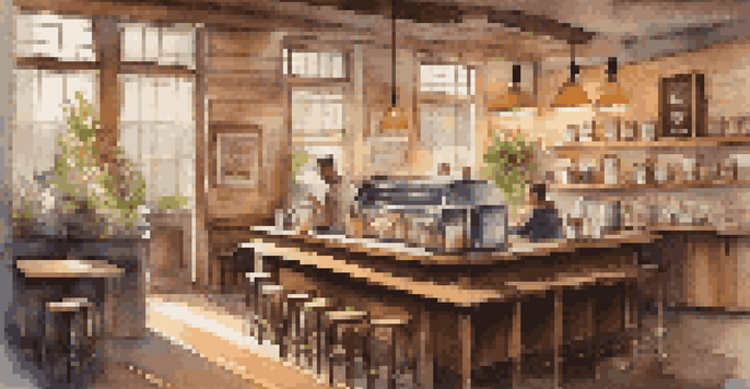 A warm and inviting coffee shop interior with a barista brewing coffee and rustic decor.