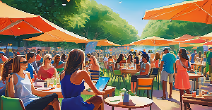 A lively outdoor event where diverse influencers are engaging with consumers, surrounded by colorful banners and products under a sunny sky.