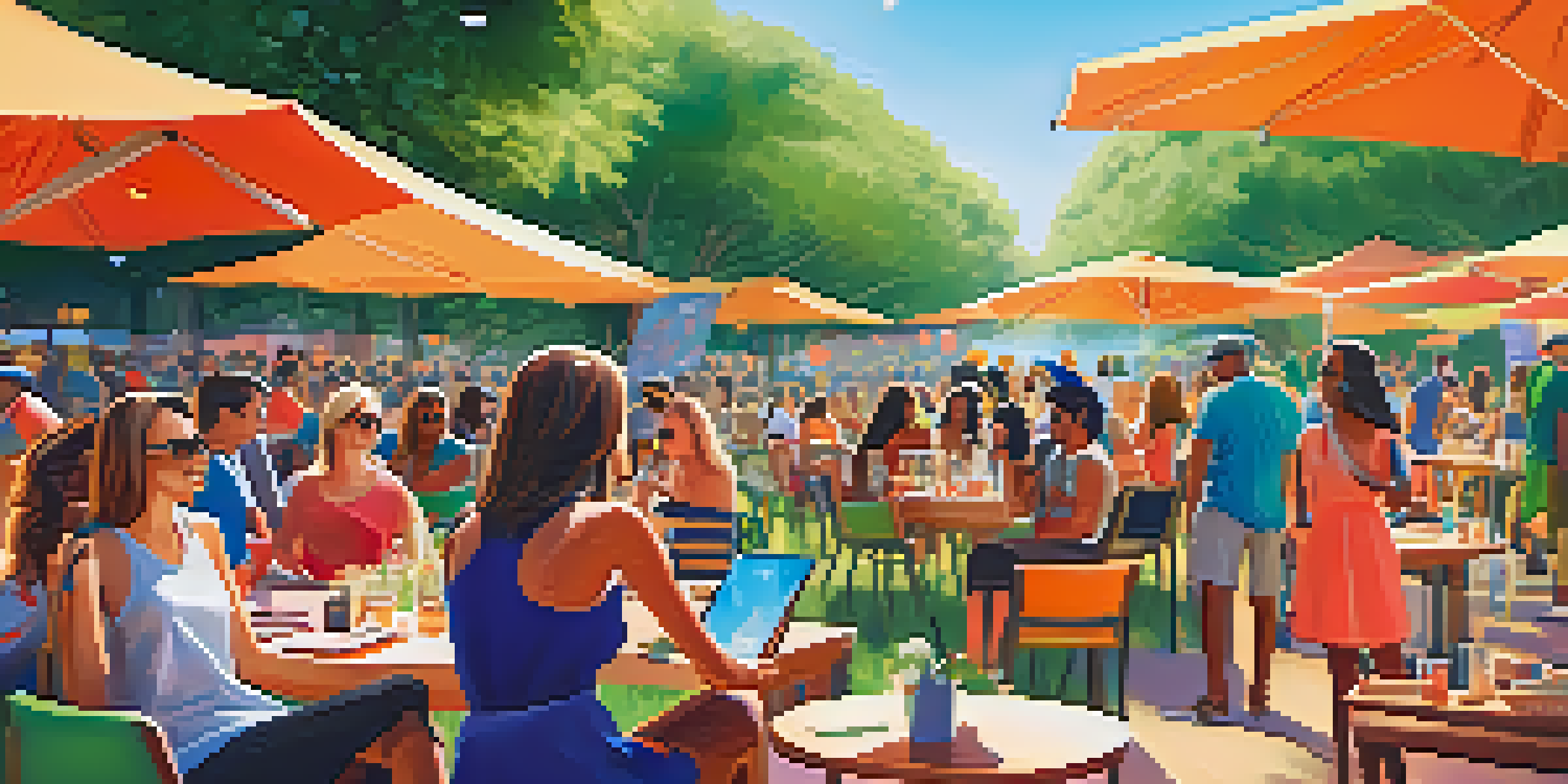 A lively outdoor event where diverse influencers are engaging with consumers, surrounded by colorful banners and products under a sunny sky.