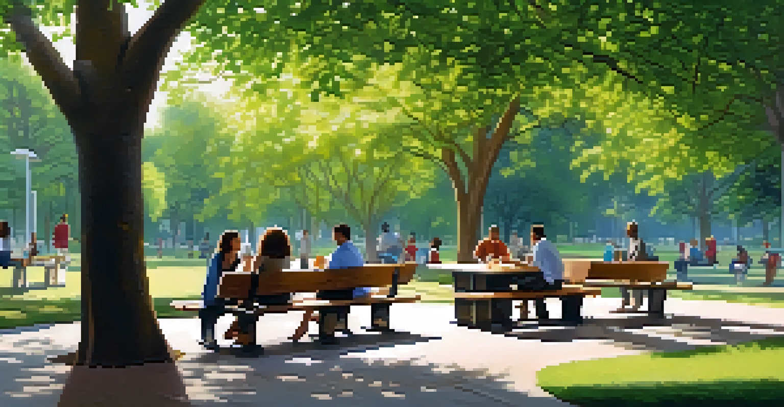 A diverse group of people sitting in a park discussing ideas during a customer feedback session, surrounded by trees and refreshments.