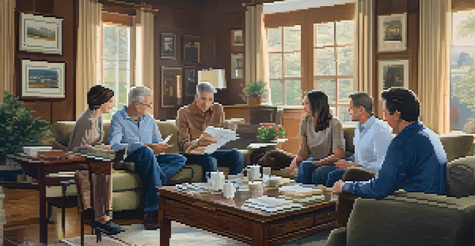 A family gathered in a living room, reviewing a business succession plan with papers on the coffee table. Family photos are in the background, creating a warm atmosphere.