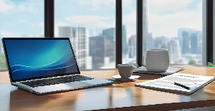 A negotiation table with documents, a laptop, and coffee cups in a bright office.