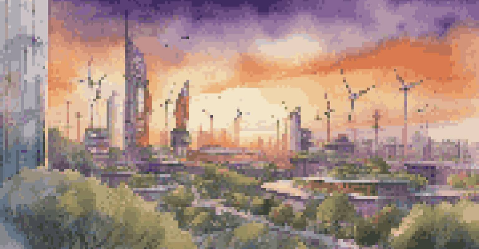 A skyline of a modern city at sunset, with solar panels and wind turbines visible on buildings, surrounded by greenery.